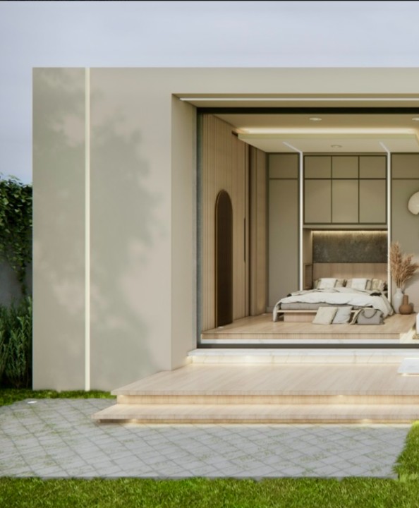 Render de interior moderno en casa prefabricada de lujo con diseño minimalista, ventanales amplios y acabados premium.