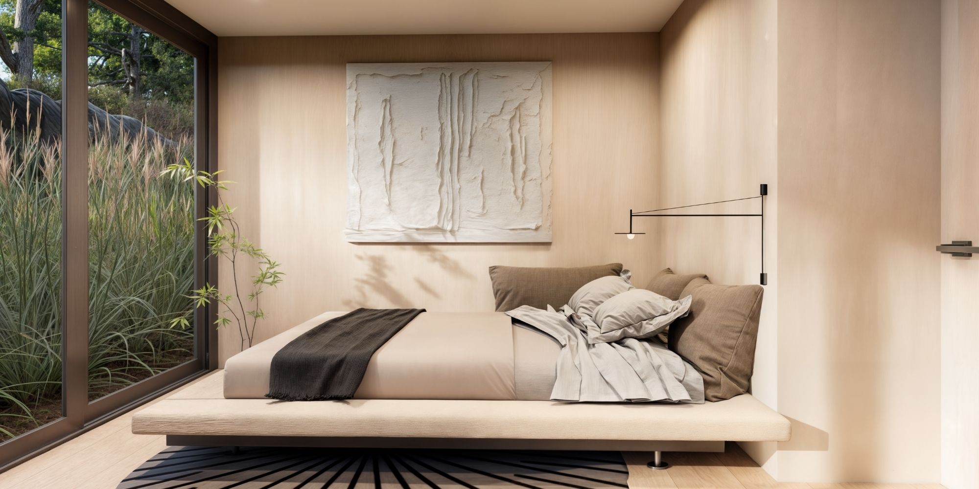 Dormitorio con cama matrimonial, decoración minimalista y ventanal de piso a techo con vista a la naturaleza.