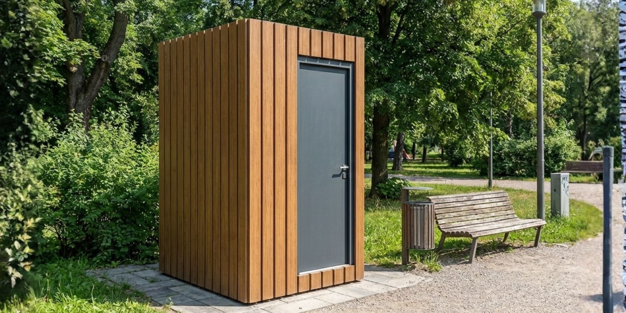 Interior de baño modular portátil con acabados modernos, sistema LED e inodoro ecológico