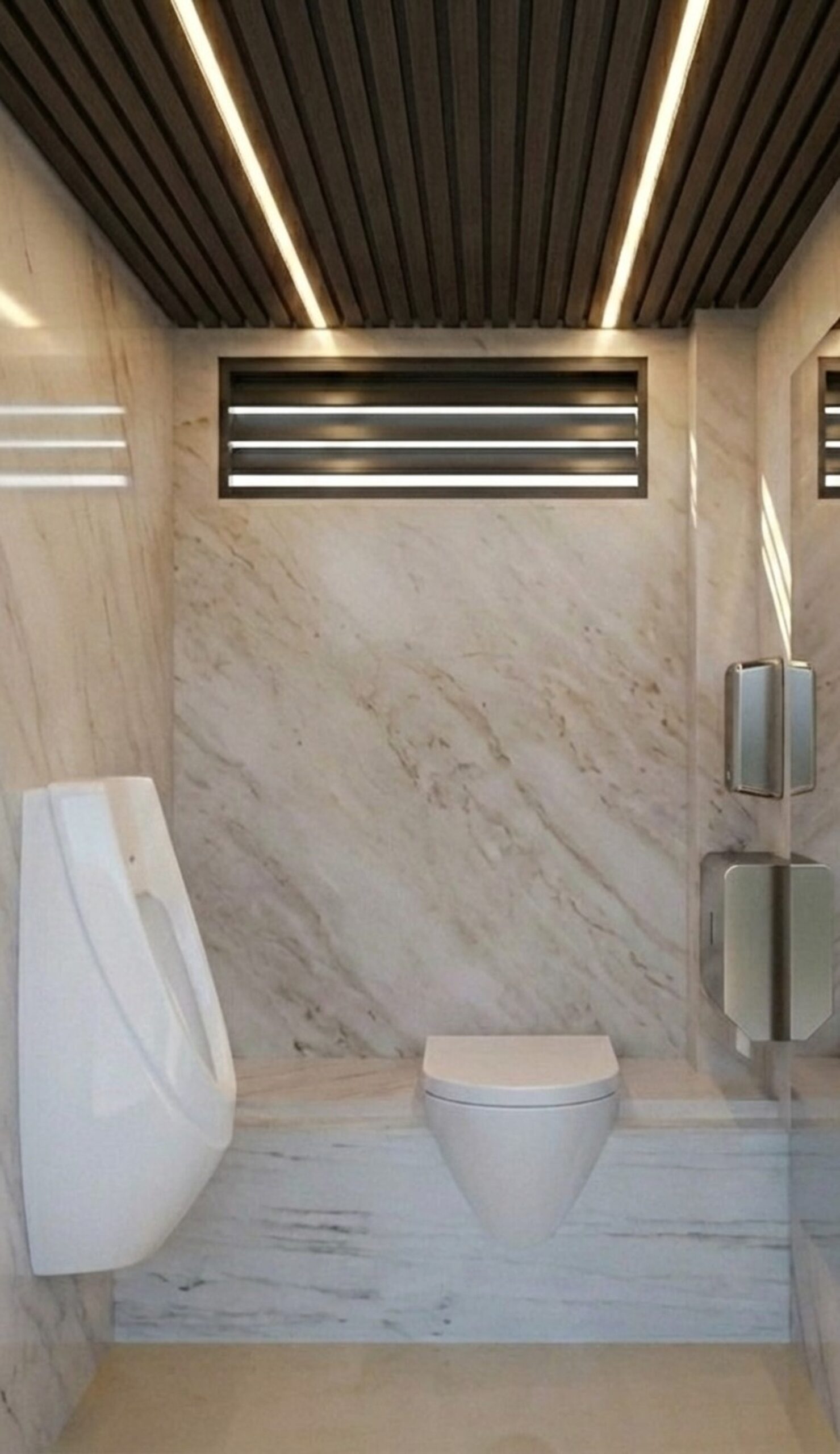 Interior de baño modular portátil con acabados modernos, sistema LED e inodoro ecológico