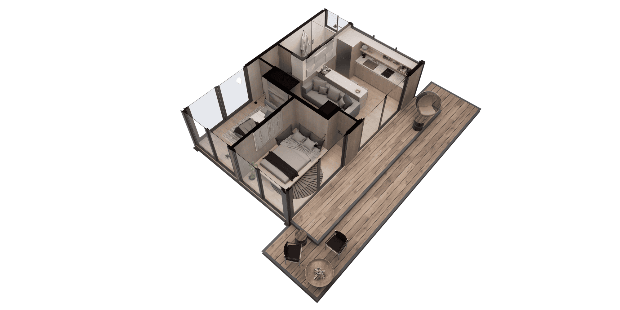 Render arquitectónico en perspectiva de la Casa 40 m² mostrando la distribución interior: cocina, sala, baño y 2 recámaras, más terraza exterior.