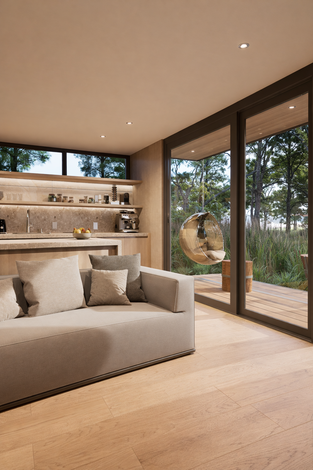 Vista del área social de la Casa 40 con sofá, barra desayunador y cocina equipada con estantería abierta.