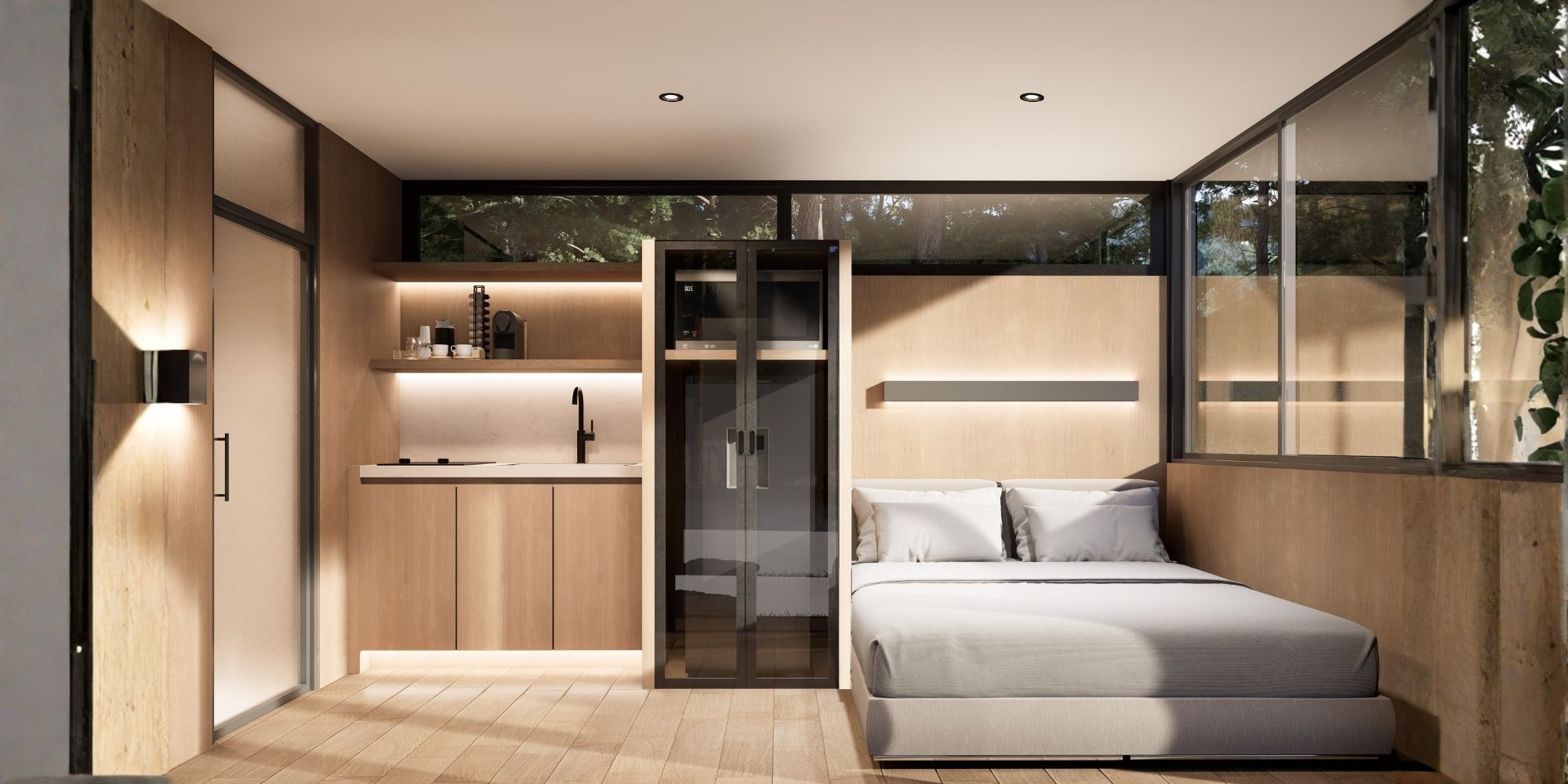 Interiores modernos de la Casa 15 OPA con acabados de madera clara, cocina equipada y cama matrimonial junto a ventanales