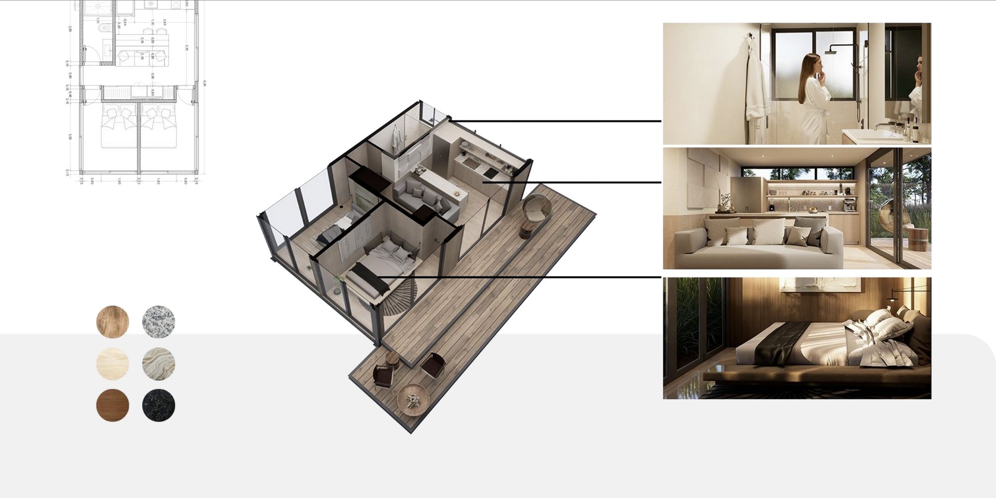 Render arquitectónico en perspectiva de la Casa 40 m² mostrando la distribución interior: cocina, sala, baño y 2 recámaras, más terraza exterior.